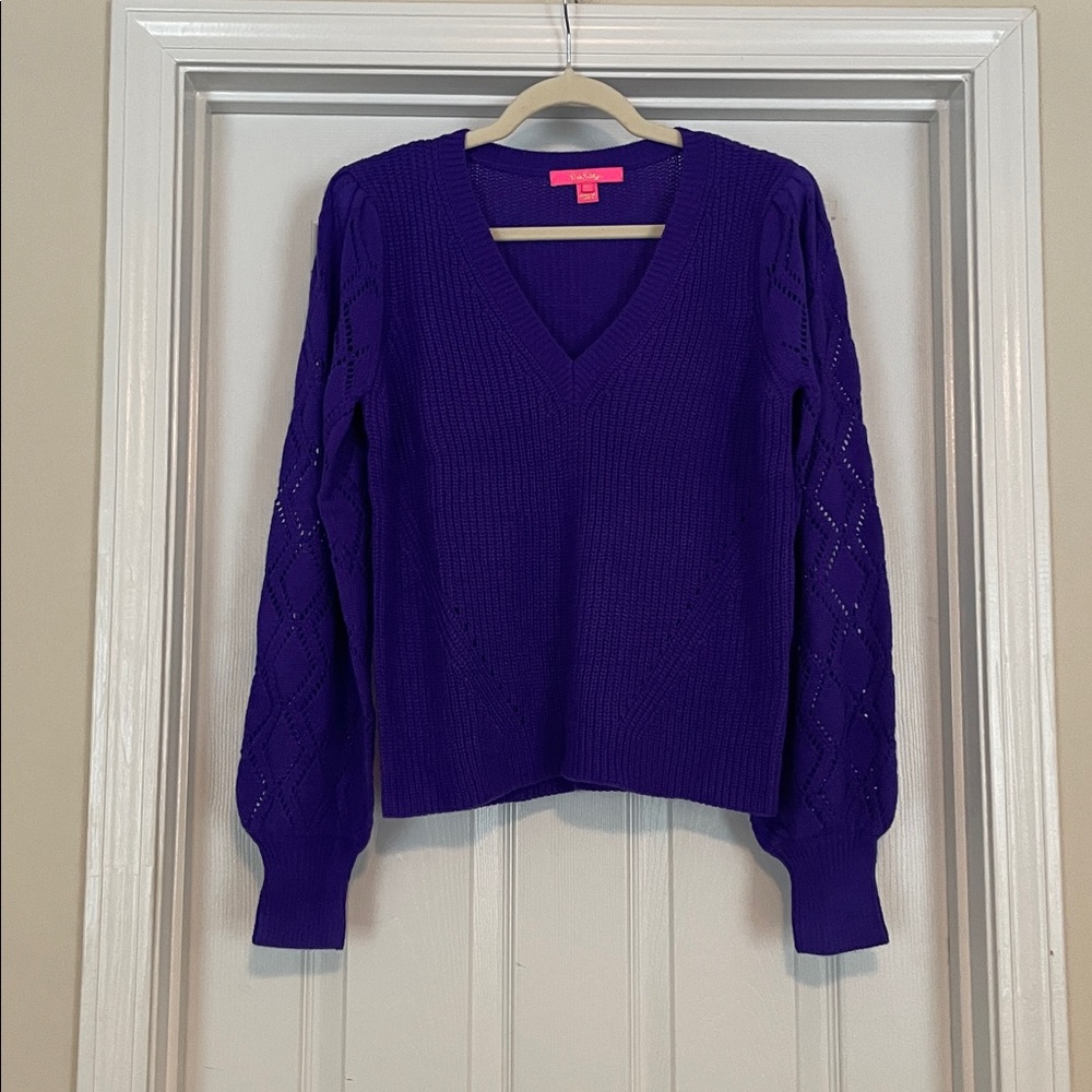 Lilly Pulitzer Purple V-neck Sweater w/ Pointelle Sleeves Medium
